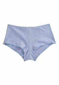 Svijetloplava pamučna hipster gaćice s rebrastom teksturom, valovitim rubovima i geometrijskim detaljima. Ima srednje visoki kroj.