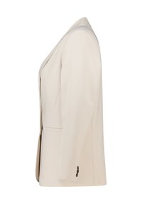 Beige gepaste blazer met notch lapel, lange mouwen, zijzak en drie donkere knopen op de manchetten, zijaanzicht weergegeven.