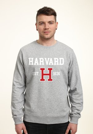 Felpa grigia con la scritta "HARVARD" in lettere bianche e una "H" rossa con "EST. 1636" sotto. Girocollo standard e polsini a coste.