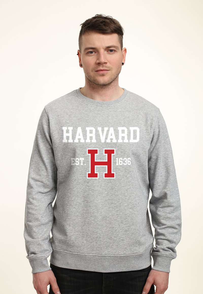 Grijze sweater met "HARVARD" in witte letters en een rode "H" met daaronder "EST. 1636". Standaard ronde hals en ribgebreide manchetten.