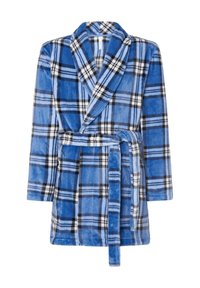 Bata de baño a cuadros azules hecha de suave felpa. Presenta un cuello chal, mangas largas, un cinturón de lazo y detalles en blanco y negro a cuadros.