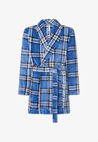 Bata de baño a cuadros azules hecha de suave felpa. Presenta un cuello chal, mangas largas, un cinturón de lazo y detalles en blanco y negro a cuadros.