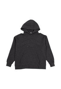 Felpa con cappuccio grigio scuro, dotata di tasca frontale e logo embossed "Dolce & Gabbana Milano" sul petto, maniche lunghe e polsini a costine.