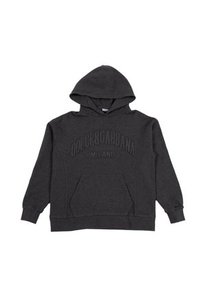 Felpa con cappuccio grigio scuro, dotata di tasca frontale e logo embossed "Dolce & Gabbana Milano" sul petto, maniche lunghe e polsini a costine.
