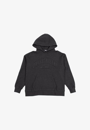 Felpa con cappuccio grigio scuro, dotata di tasca frontale e logo embossed "Dolce & Gabbana Milano" sul petto, maniche lunghe e polsini a costine.