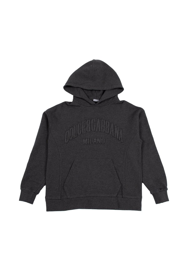 Felpa con cappuccio grigio scuro, dotata di tasca frontale e logo embossed "Dolce & Gabbana Milano" sul petto, maniche lunghe e polsini a costine.