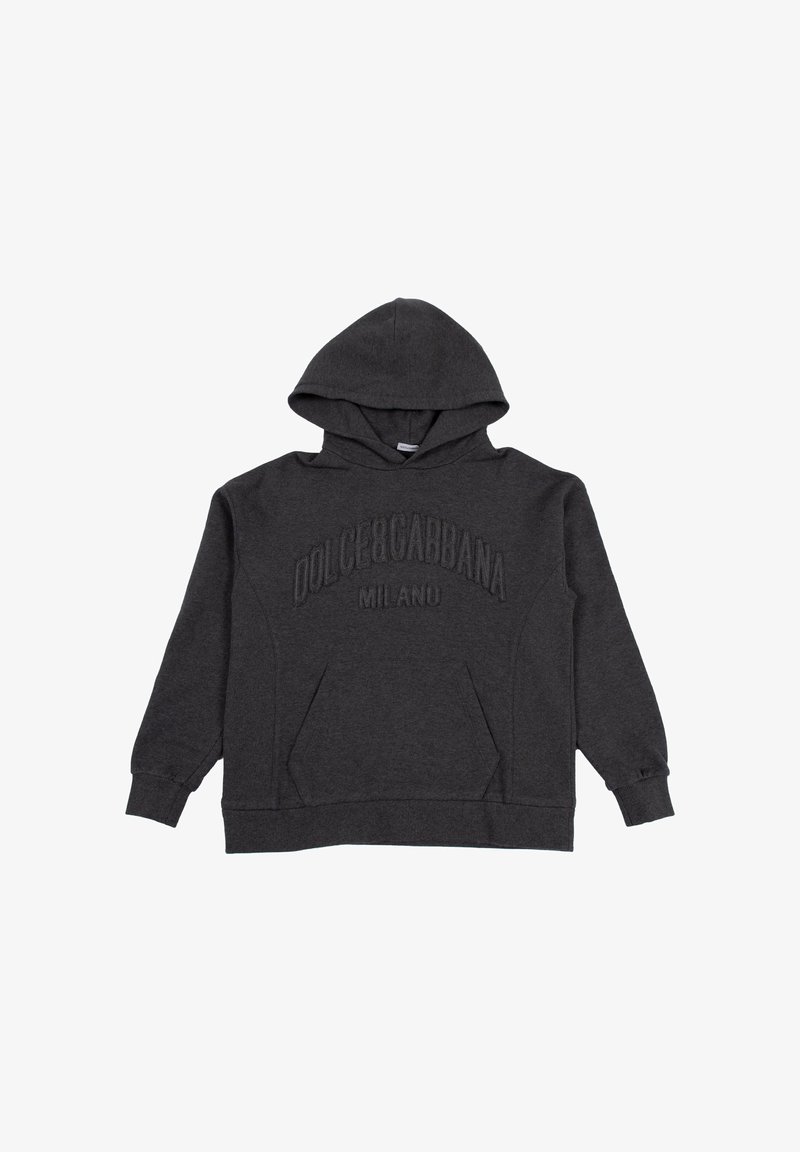 Felpa con cappuccio grigio scuro, dotata di tasca frontale e logo embossed "Dolce & Gabbana Milano" sul petto, maniche lunghe e polsini a costine.