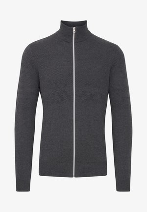 Mørkegrå hettegenser med glidelås, ribbestrikket krage, teksturert kropp og lange ermer. Har sølvfarget glidelås og ribbestrikkede mansjett detaljer.