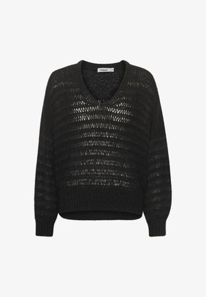Black knitted sweater with a v-neck, featuring a loose fit, horizontal striped pattern of openwork and solid texture, and ribbed cuffs.