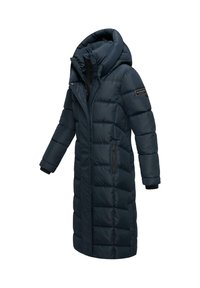 Palton lung căptușit de culoare bleumarin, cu glugă, dotat cu buzunare cu fermoar și manșete elastice, fabricat dintr-un material neted, rezistent la apă.