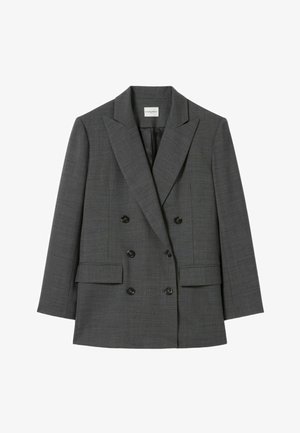 Blazer grigio doppiopetto realizzato in tessuto testurizzato con ampi rever, due tasche frontali e bottoni neri, caratterizzato da una forma su misura.