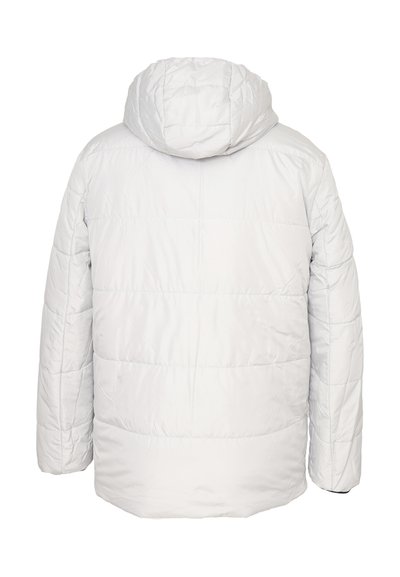 Giacca a vento bianca con cappuccio, caratterizzata da cuciture orizzontali, una superficie liscia e polsini elasticizzati. Vista posteriore, senza loghi o accenti visibili.