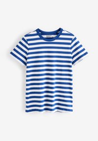 T-shirt à rayures bleues et blanches en coton, avec un col rond et des manches courtes, présentant des rayures horizontales uniformes sur toute la surface.