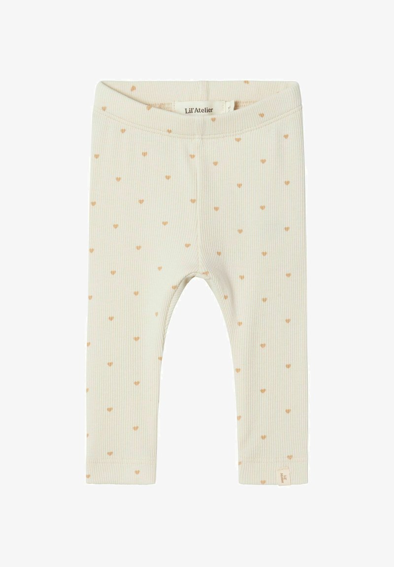 Svijetlosmeđe tajice s rebrastom teksturom, ukrašene malim narančastim srcima. Elastičan pojas, s oznakom branda na dnu.