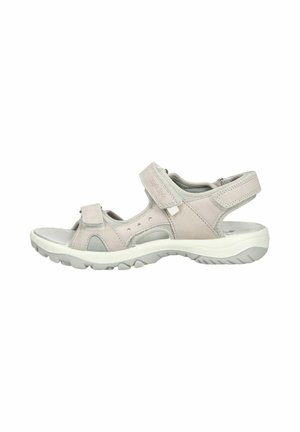 Beige sandaal met open teen, verstelbare klittenbandsluitingen, gevoerde zool en een getextureerde buitenzool voor wandelcomfort buiten.