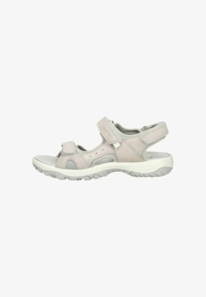 Sandalia beige de punta abierta con tiras ajustables de velcro, suela acolchada y suela exterior texturizada para mayor comodidad al caminar al aire libre.