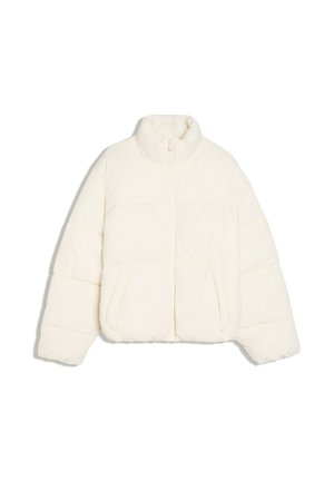 Off-white dunjakke med høj krave, lange ærmer, frontlynlås og to forlommer, designet til koldt vejr.
