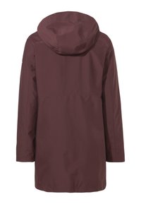 Weinrote Outdoor-Jacke mit Kapuze, aus glattem, wasserabweisendem Material. Mit geradem Schnitt und langen Ärmeln. Rückansicht dargestellt.