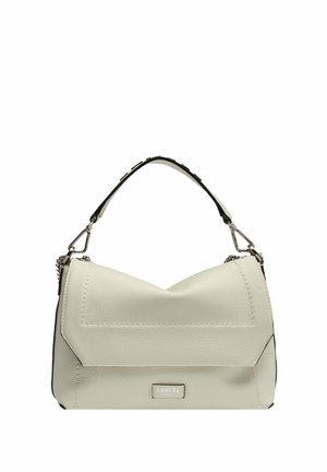 Sac à main en cuir beige avec anse supérieure, quincaillerie argentée et petite plaque rectangulaire avec logo "Lancel Paris" à l'avant.