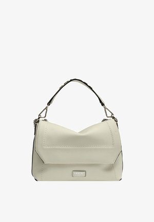 Sac à main en cuir beige avec anse supérieure, quincaillerie argentée et petite plaque rectangulaire avec logo "Lancel Paris" à l'avant.