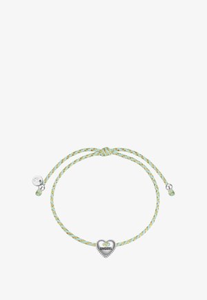Justerbar armbånd med sammenflettede lysblå og guldtråde, med et sølvhjertecharms graveret med "ENGERL."