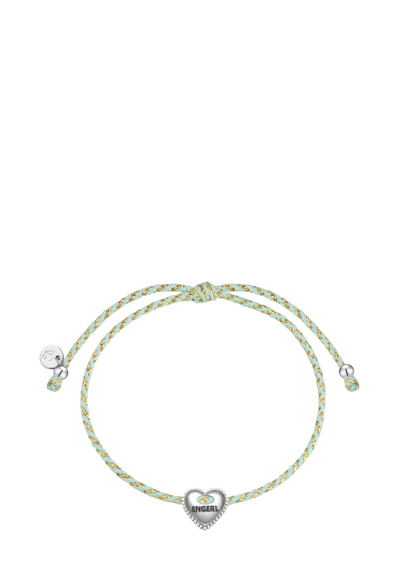 Pulsera ajustable que presenta hilos entrelazados en azul claro y dorado, con un charm de corazón de plata grabado con "ENGERL."