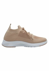Scarpa atletica leggera con tomaia in maglia beige traspirante, dettagli in rete e suola bianca imbottita per comfort e flessibilità.