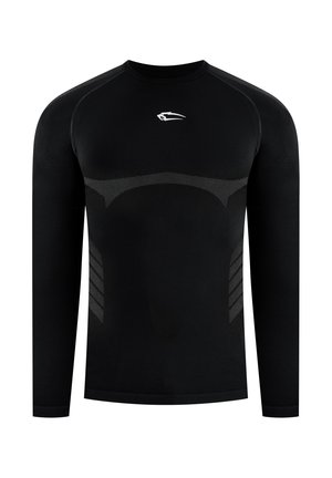 Zwart atletisch shirt met lange mouwen, voorzien van gestructureerde ventilatiepatronen en een klein wit gestileerd vogellogo op de borst.