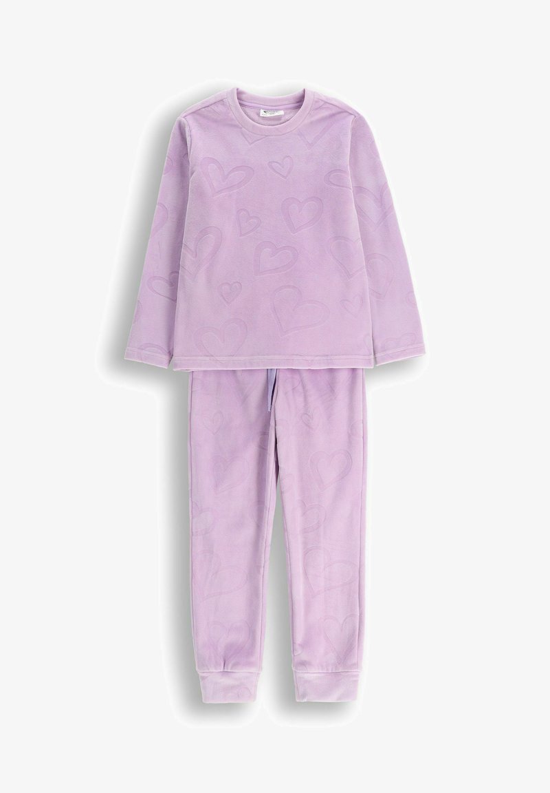 Fioletowy zestaw piżamowy z polaru, składający się z długiego rękawa i spodni, obydwa z ogólnym wzorem serc oraz elastycznymi mankietami przy kostkach.
