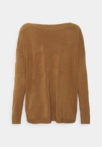 Brązowy sweter z długim rękawem o luźnym kroju, z prążkowanymi mankietami i dołem. Miękka tekstura z delikatnym połyskiem, z szerokim dekoltem i opuszczonymi ramionami.