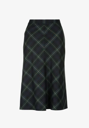 Geruite rok met een uitlopende stijl, gekenmerkt door een donkergroen en zwart kleurenpalet met gele accenten. Gemaakt van gestructureerde stof.