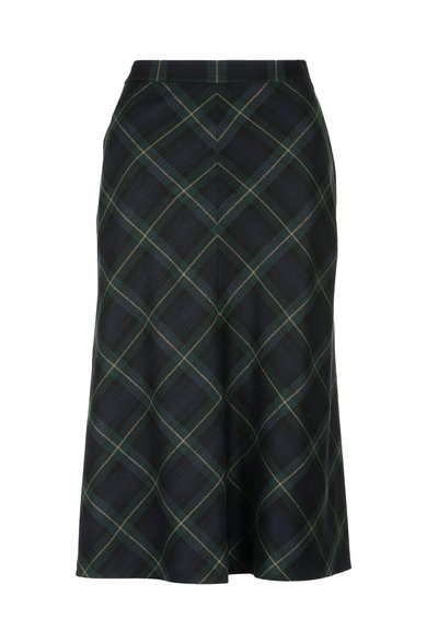 Fustă tartan cu un design evazat, având o schemă de culori verde închis și negru, cu accente galbene. Fabricată dintr-un material texturat.