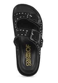 Black slide sandal featuring two adjustable straps with silver buckles, embellished with small rhinestones on a soft suede-like upper.