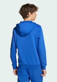 Sudadera con capucha azul, hecha de tela suave, que cuenta con un bolsillo tipo canguro y puños acanalados, vista desde atrás.