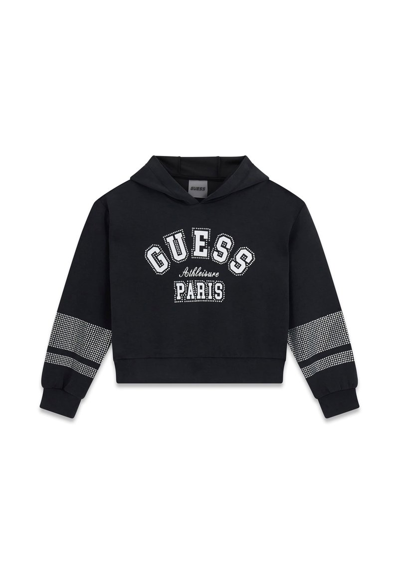 Sweat à capuche noir court en coton. Présente un texte graphique blanc « GUESS Athleisure PARIS » avec des accents en strass et des manches à motifs.