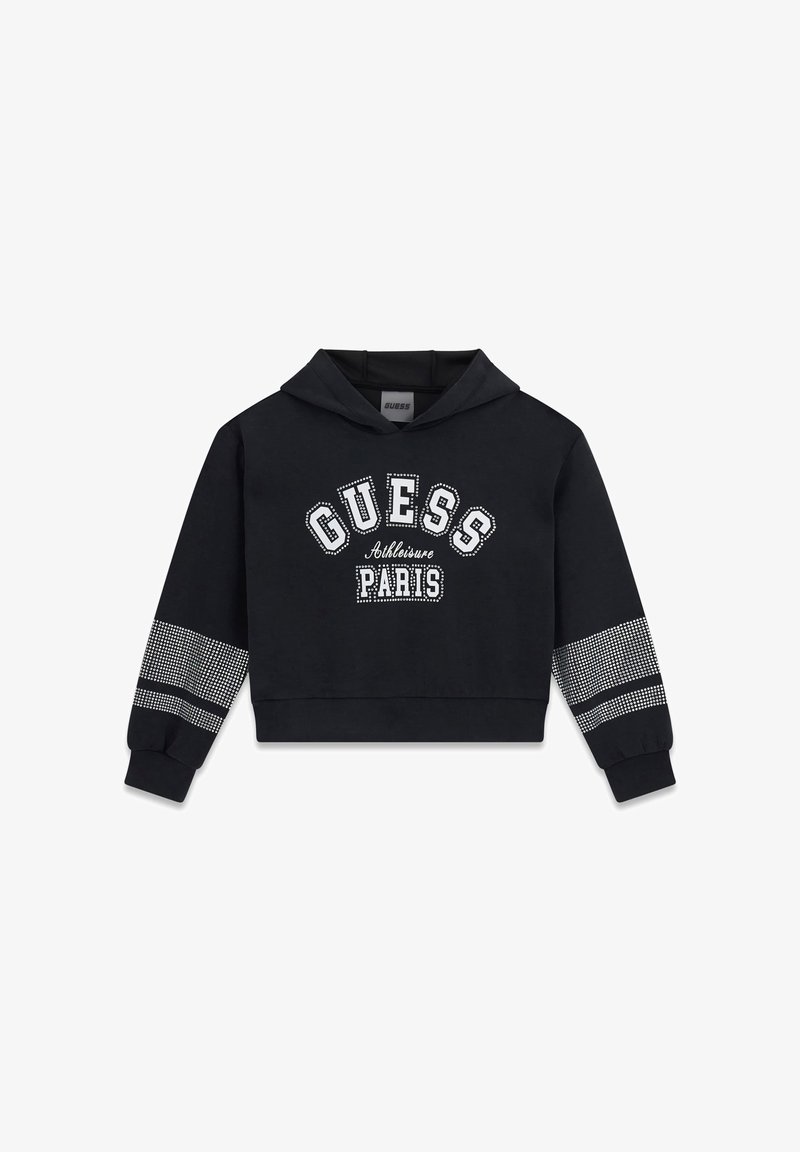 Sweat à capuche noir court en coton. Présente un texte graphique blanc « GUESS Athleisure PARIS » avec des accents en strass et des manches à motifs.