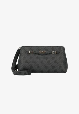 Schwarze Handtasche mit strukturiertem Muster, ausgestattet mit einem abnehmbaren Tragegurt, verstellbarem Schnallen-Detail und einem Logo-Akzent auf der Vorderseite.
