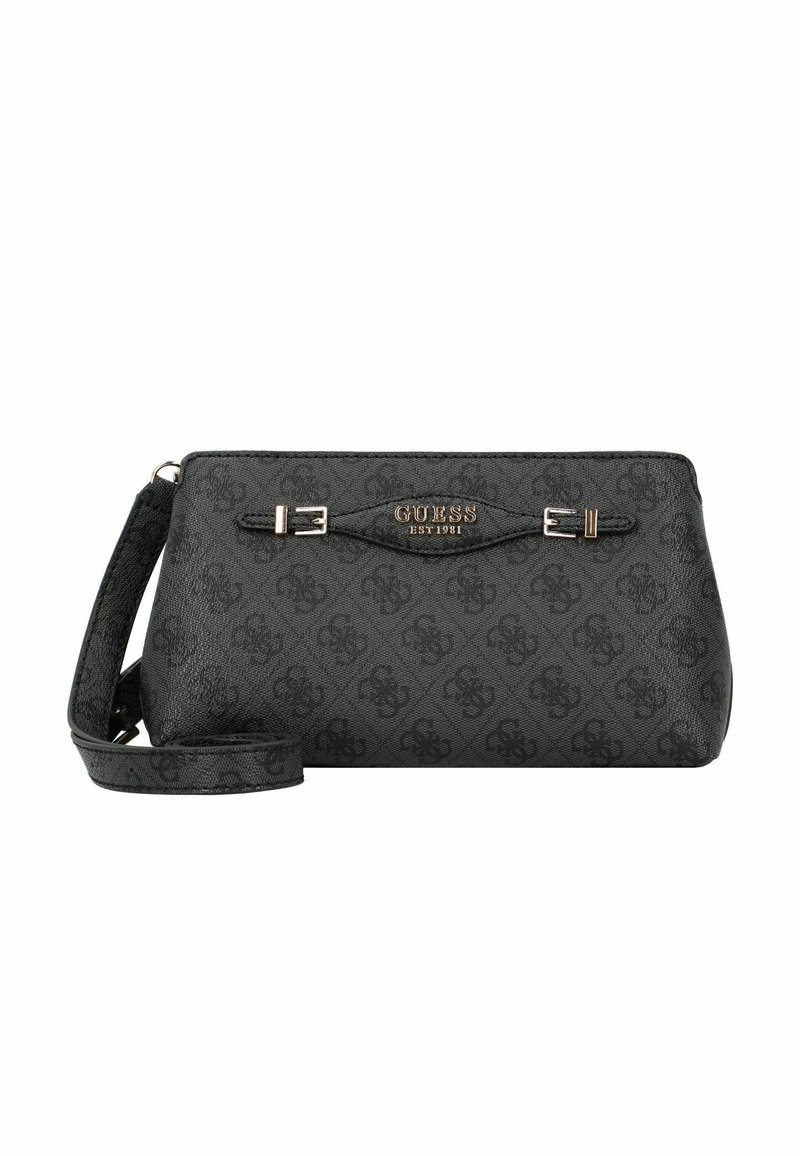 Schwarze Handtasche mit strukturiertem Muster, ausgestattet mit einem abnehmbaren Tragegurt, verstellbarem Schnallen-Detail und einem Logo-Akzent auf der Vorderseite.