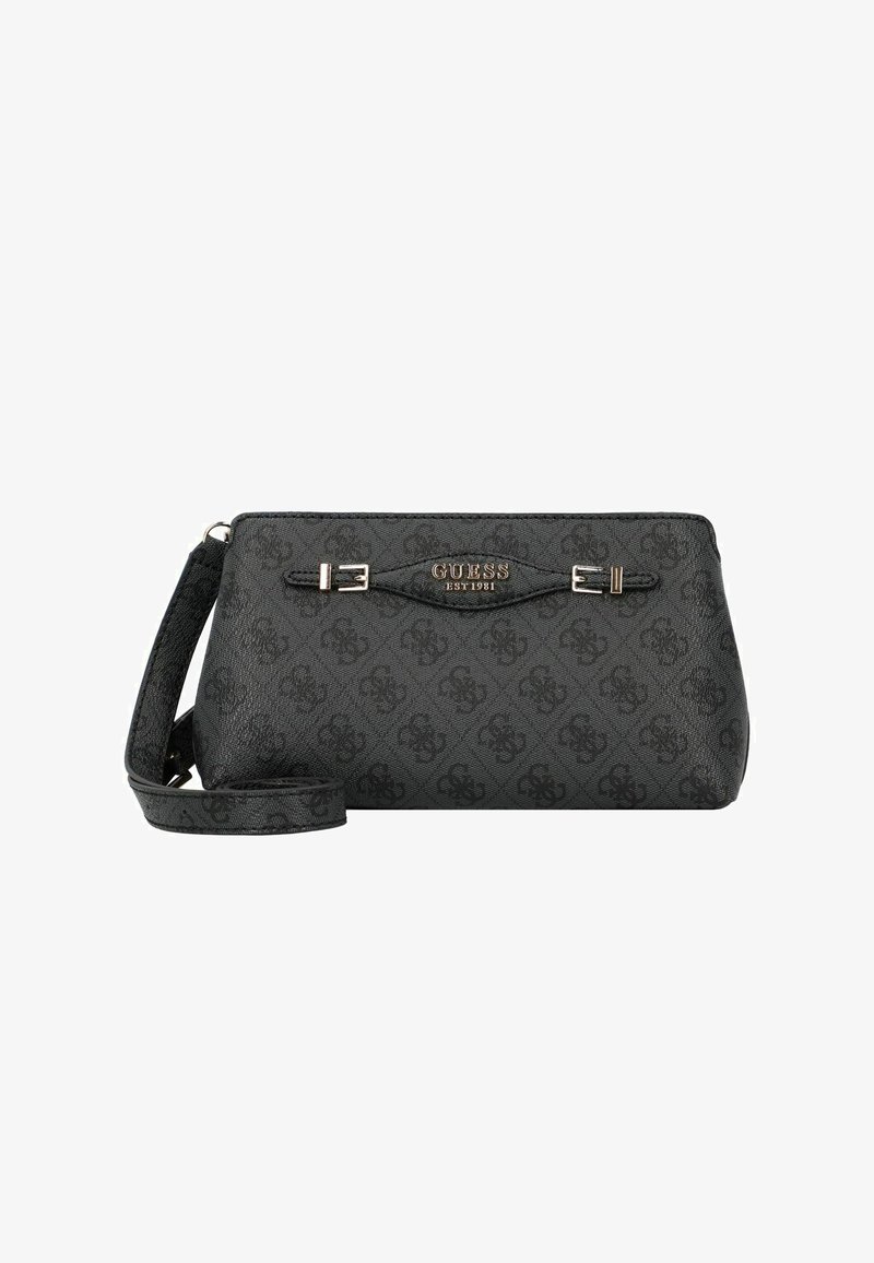 Borsa a tracolla nera con texture e motivo in rilievo, dotata di una tracolla staccabile, dettagli con fibbia regolabile e logo sulla parte anteriore.