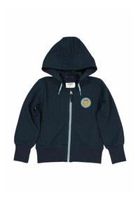 Tummansininen vetoketjullinen huppari, jossa on huppu, vaaleansinisiä yksityiskohtia ja pyöreä aplikointi, jossa on kuvamuotoilu rinnan kohdalla.