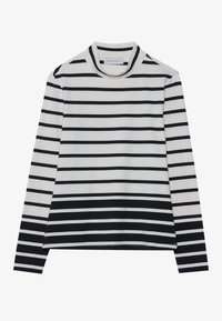 T-shirt à manches longues en coton, présentant des rayures horizontales noires et blanches, un col montant haut et une coupe décontractée avec des fentes sur les côtés.