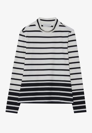 T-shirt à manches longues en coton, présentant des rayures horizontales noires et blanches, un col montant haut et une coupe décontractée avec des fentes sur les côtés.