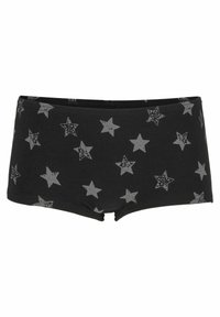 Shorts de algodón negro con un patrón de estrellas grises dispersas. Los shorts tienen una textura suave y un corte de tiro bajo.