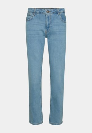 Lyseblå denimjeans med rett ben-design, fem-lomme stil og knappelukking. Glatt tekstur og minimalistiske sømdetaljer.