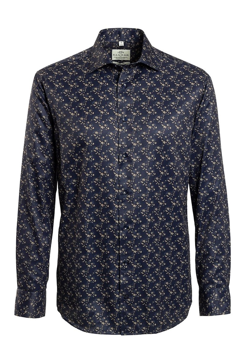Dunkelblauses Langarmshirt aus glattem Stoff mit einem kleinen Blumenmuster in Creme und Beige. Mit Kragen und Knopfverschluss auf der Vorderseite.