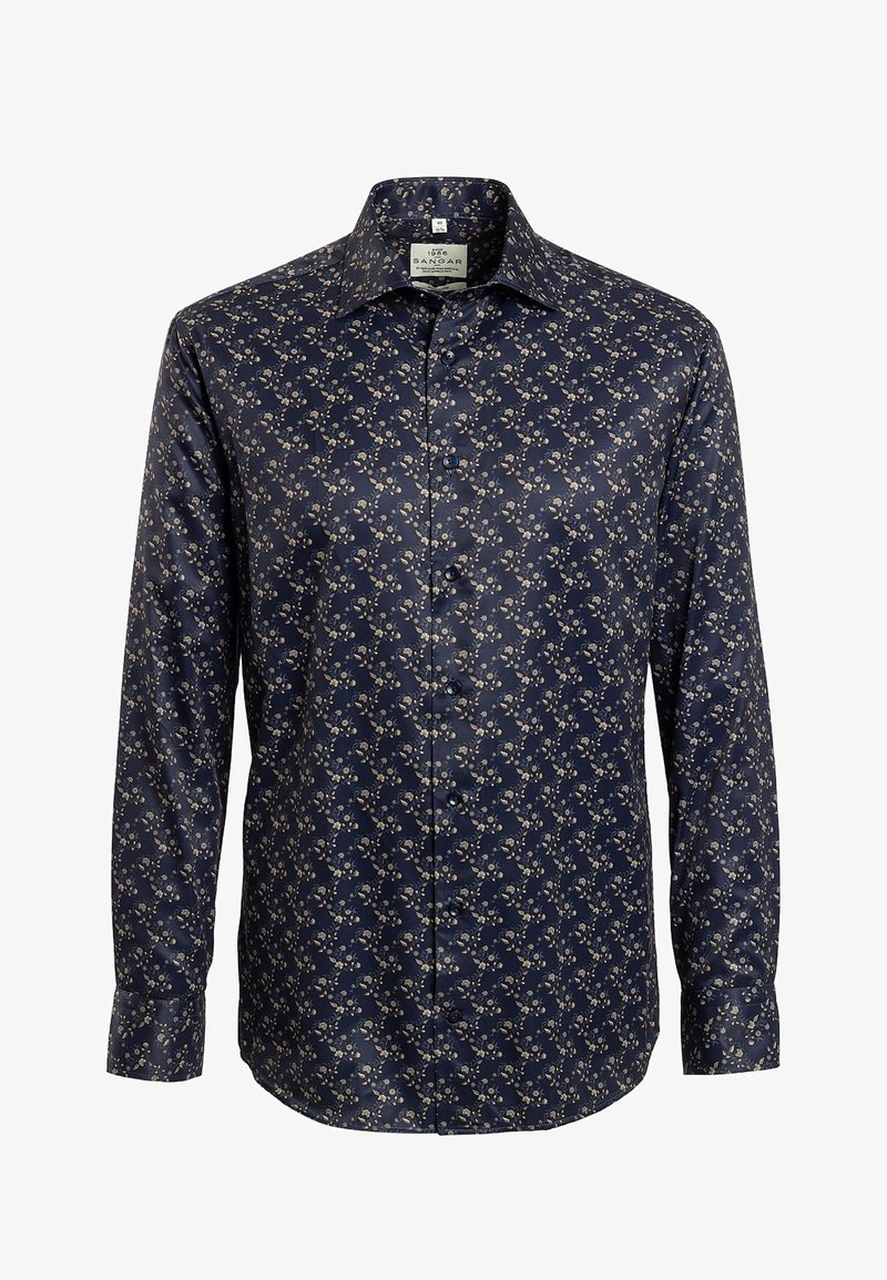 Dunkelblauses Langarmshirt aus glattem Stoff mit einem kleinen Blumenmuster in Creme und Beige. Mit Kragen und Knopfverschluss auf der Vorderseite.