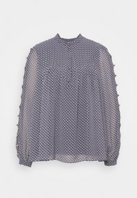 Marinblus med ett litet geometriskt mönster, genomskinligt tyg, hög krage och samlad midja; har knappar längs ärmarna.