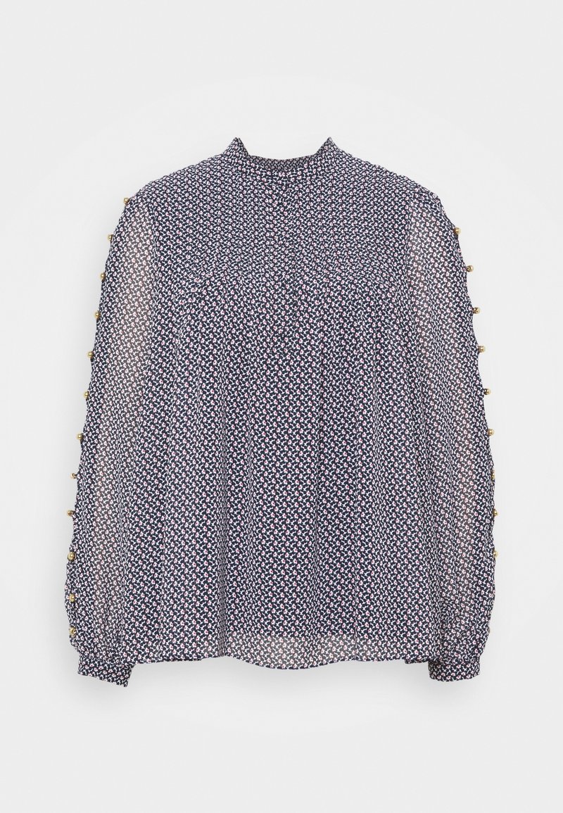 Blouse marine avec un petit motif géométrique, tissu transparent, col haut et corsage froncé ; présente des boutons le long des manches.