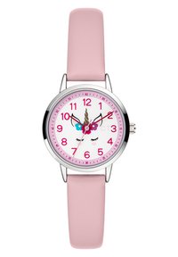 Rosa Lederarmbanduhr mit einem runden weißen Zifferblatt, das ein Einhornmotiv, rosa Stundenmarkierungen und silberne Metallakzente zeigt.