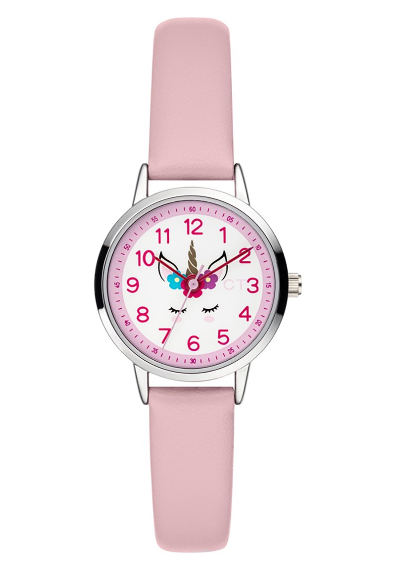 Rosa Lederarmbanduhr mit einem runden weißen Zifferblatt, das ein Einhornmotiv, rosa Stundenmarkierungen und silberne Metallakzente zeigt.